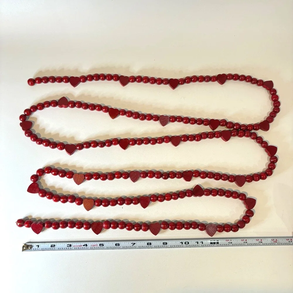 Red Wooden Bead Heart Garland 6ft Rustic Farmhouse Christmas Valentine Decor